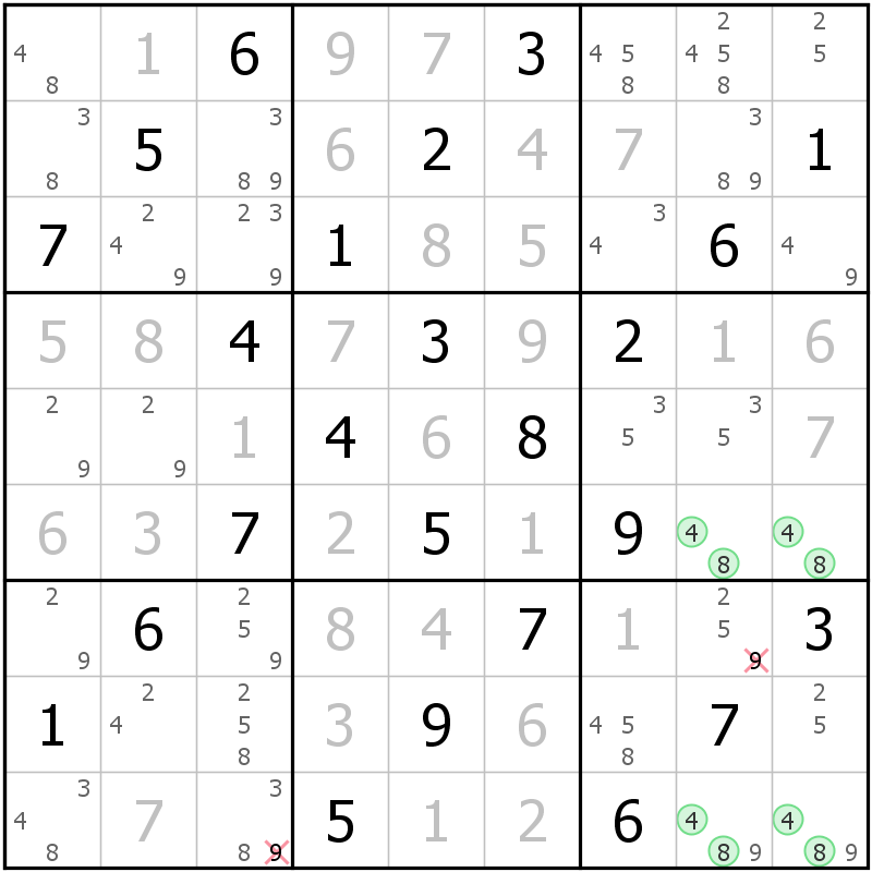 Position des candidats pour la solution de la grille page 67 du magazine de sudoku grandmaitre n° 14