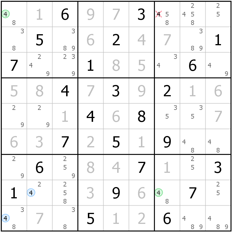 Position des candidats pour la solution de la grille page 67 du magazine de sudoku grandmaitre n° 14