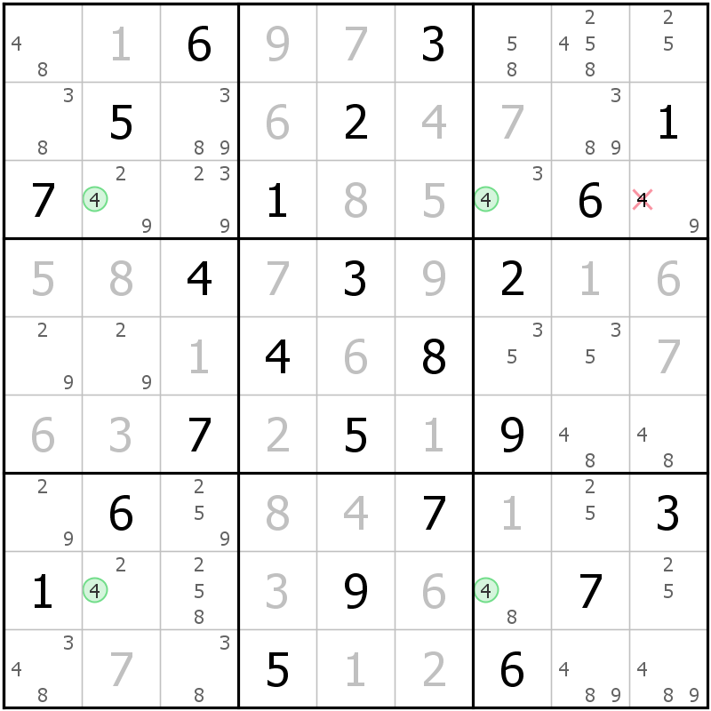 Position des candidats pour la solution de la grille page 67 du magazine de sudoku grandmaitre n° 14