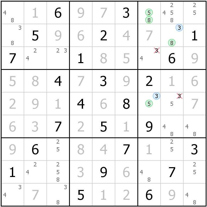 Position des candidats pour la solution de la grille page 67 du magazine de sudoku grandmaitre n° 14