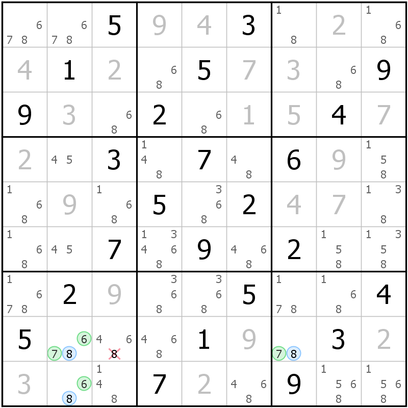Position des candidats pour la solution de la grille page 68 du magazine de sudoku grandmaitre n° 14