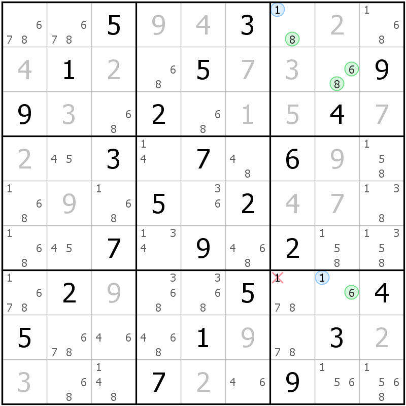 Position des candidats pour la solution de la grille page 68 du magazine de sudoku grandmaitre n° 14