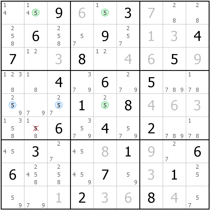 Position des candidats pour la solution de la grille page 69 du magazine de sudoku grandmaitre n° 14