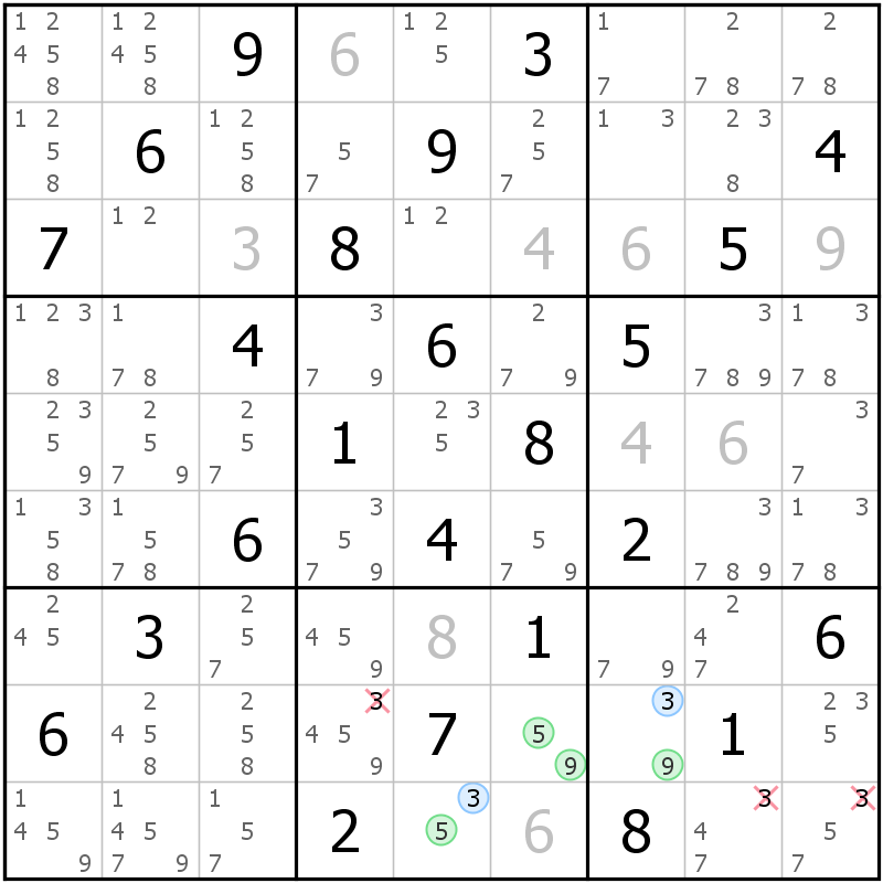 Position des candidats pour la solution de la grille page 69 du magazine de sudoku grandmaitre n° 14