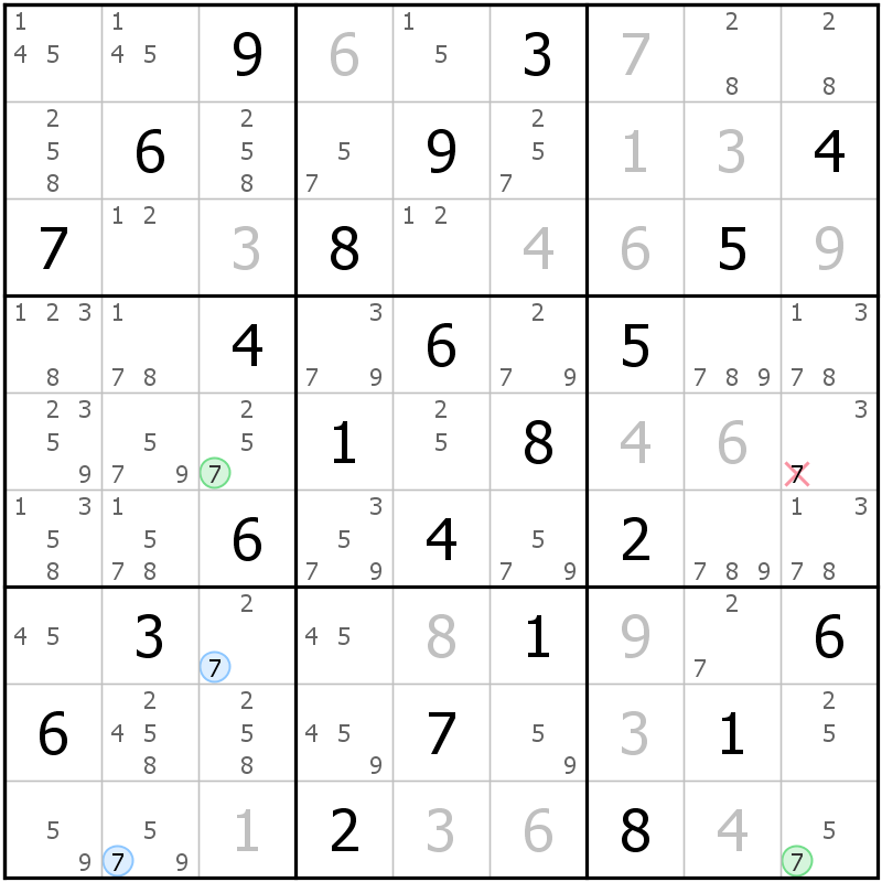 Position des candidats pour la solution de la grille page 69 du magazine de sudoku grandmaitre n° 14