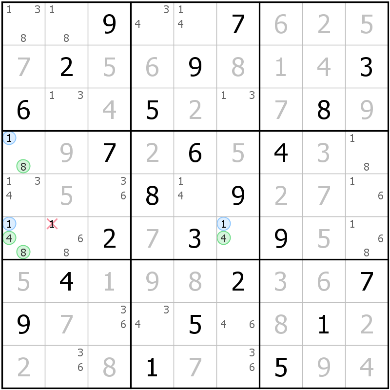 Position des candidats pour la solution de la grille page 70 du magazine de sudoku grandmaitre n° 14