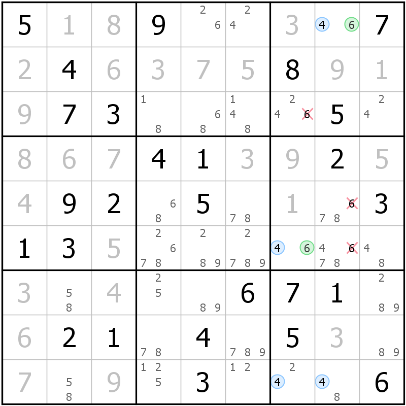 Position des candidats pour la solution de la grille page 31 du magazine de sudoku grandmaitre n° 17