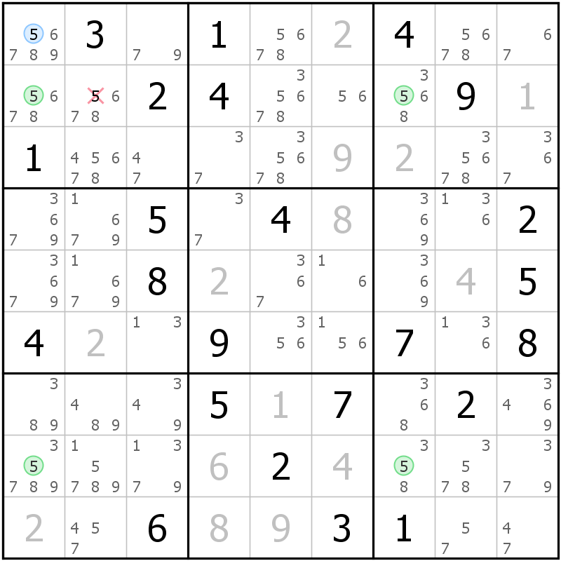Position des candidats pour la solution de la grille page 33 du magazine de sudoku grandmaitre n° 17