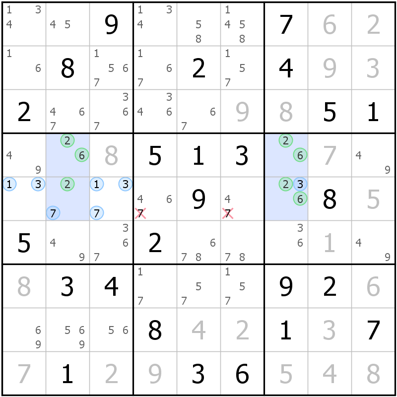 Position des candidats pour la solution de la grille page 39 du magazine de sudoku grandmaitre n° 17