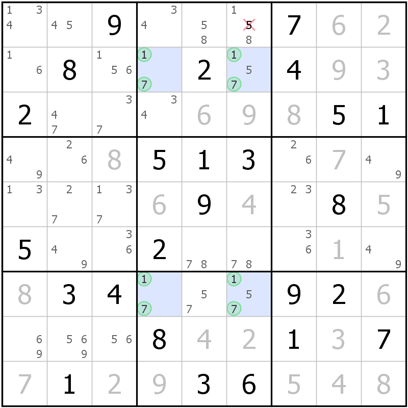 Position des candidats pour la solution de la grille page 39 du magazine de sudoku grandmaitre n° 17