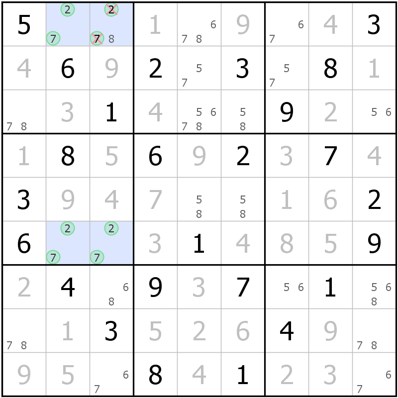 Position des candidats pour la solution de la grille page 42 du magazine de sudoku grandmaitre n° 17