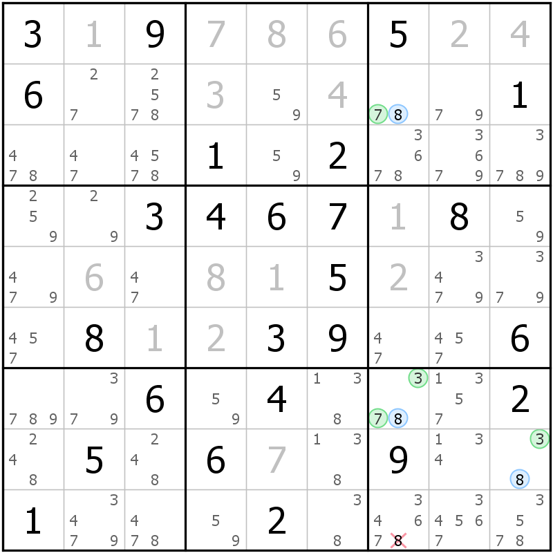 Position des candidats pour la solution de la grille page 46 du magazine de sudoku grandmaitre n° 17