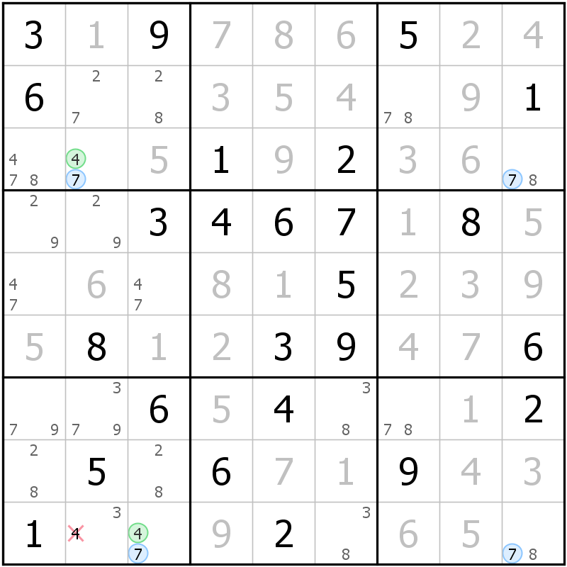 Position des candidats pour la solution de la grille page 46 du magazine de sudoku grandmaitre n° 17