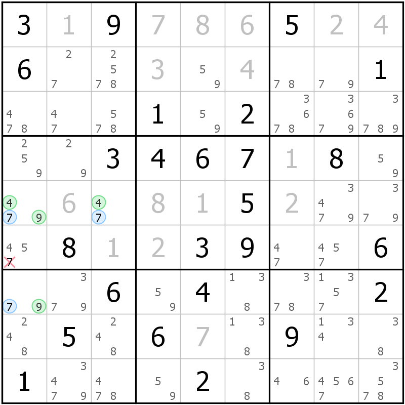 Position des candidats pour la solution de la grille page 46 du magazine de sudoku grandmaitre n° 17