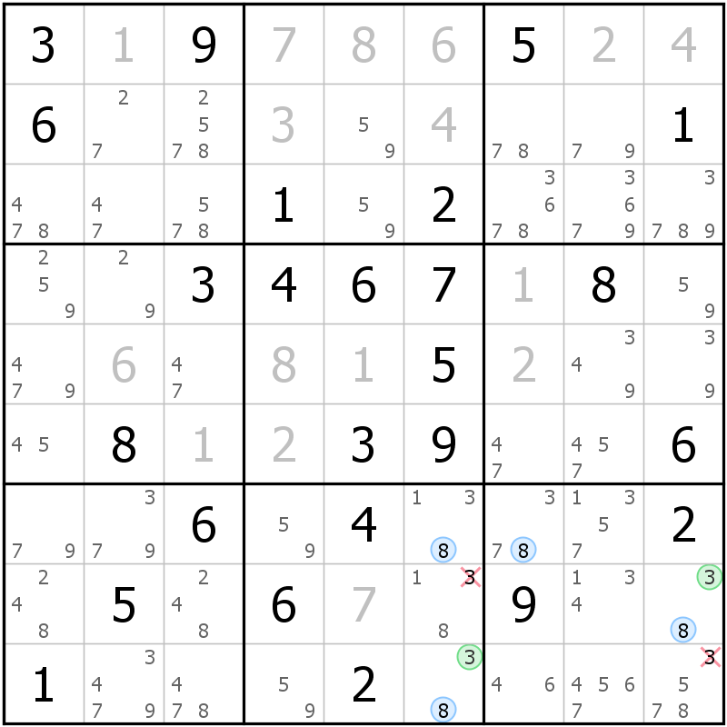 Position des candidats pour la solution de la grille page 46 du magazine de sudoku grandmaitre n° 17