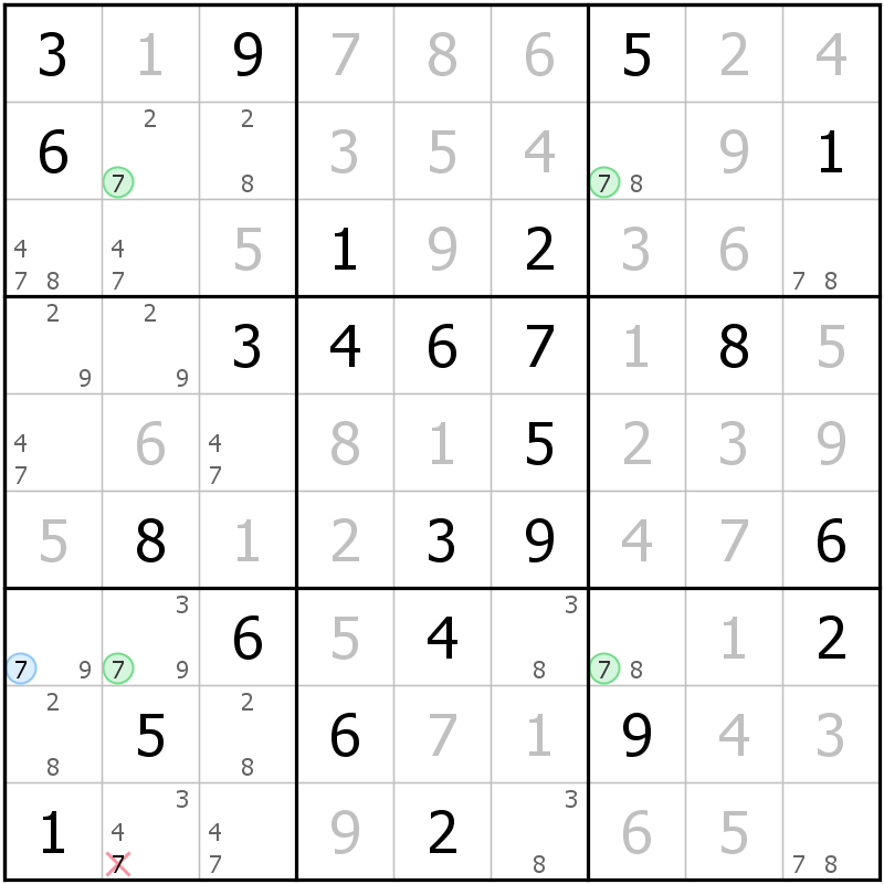 Position des candidats pour la solution de la grille page 46 du magazine de sudoku grandmaitre n° 17
