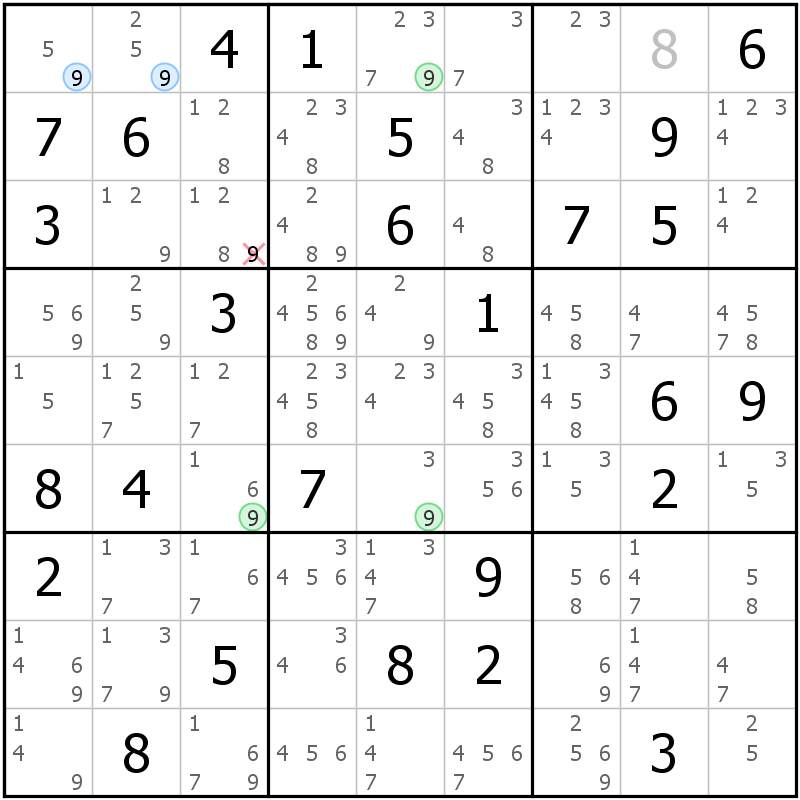 Position des candidats pour la solution de la grille page 47 du magazine de sudoku grandmaitre n° 17
