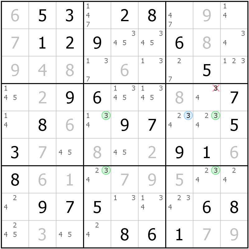 Position des candidats pour la solution de la grille page 48 du magazine de sudoku grandmaitre n° 17