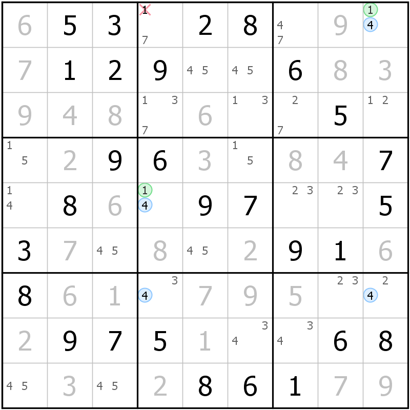 Position des candidats pour la solution de la grille page 48 du magazine de sudoku grandmaitre n° 17