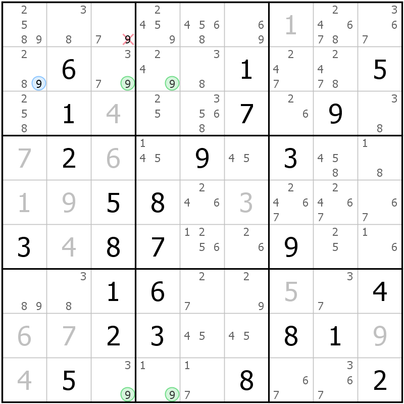 Position des candidats pour la solution de la grille page 51 du magazine de sudoku grandmaitre n° 17