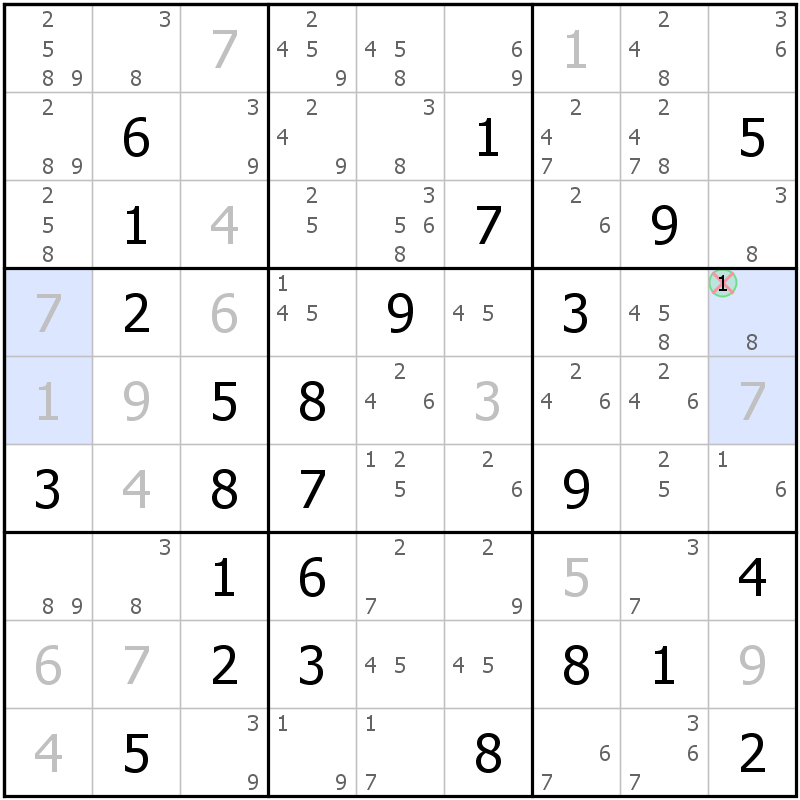 Position des candidats pour la solution de la grille page 51 du magazine de sudoku grandmaitre n° 17