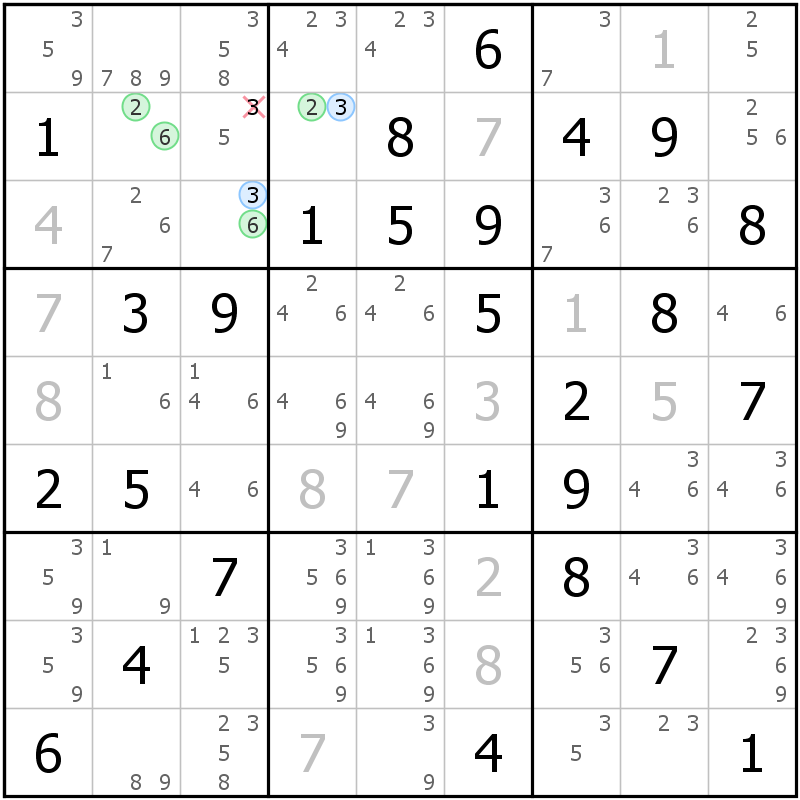 Position des candidats pour la solution de la grille page 54 du magazine de sudoku grandmaitre n° 17