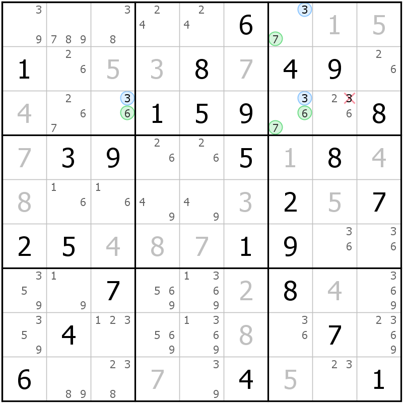 Position des candidats pour la solution de la grille page 54 du magazine de sudoku grandmaitre n° 17