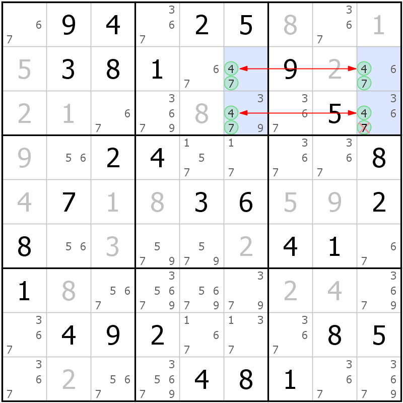 Position des candidats pour la solution de la grille page 56 du magazine de sudoku grandmaitre n° 17