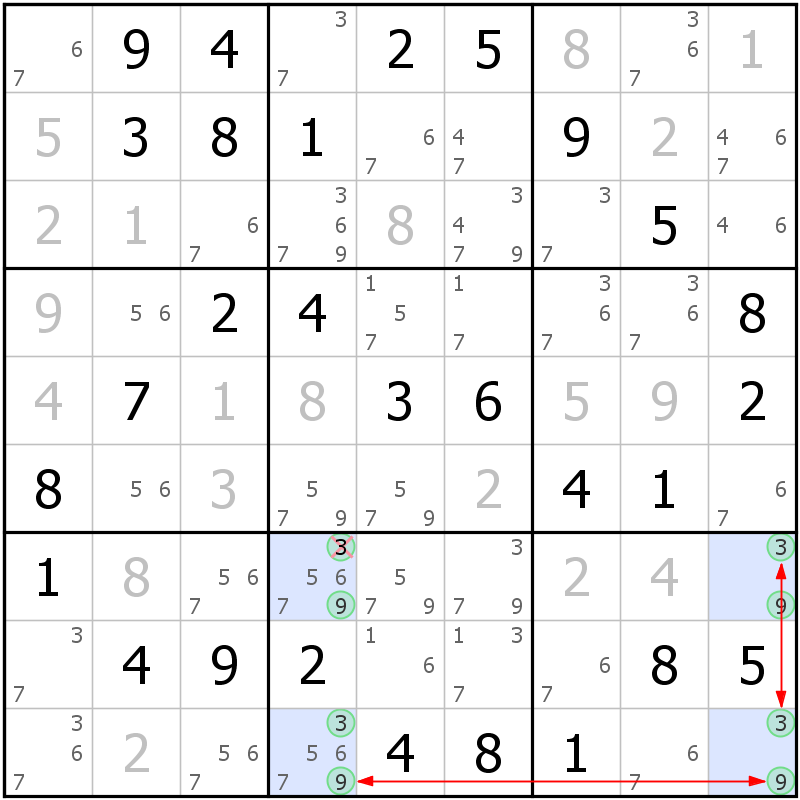 Position des candidats pour la solution de la grille page 56 du magazine de sudoku grandmaitre n° 17