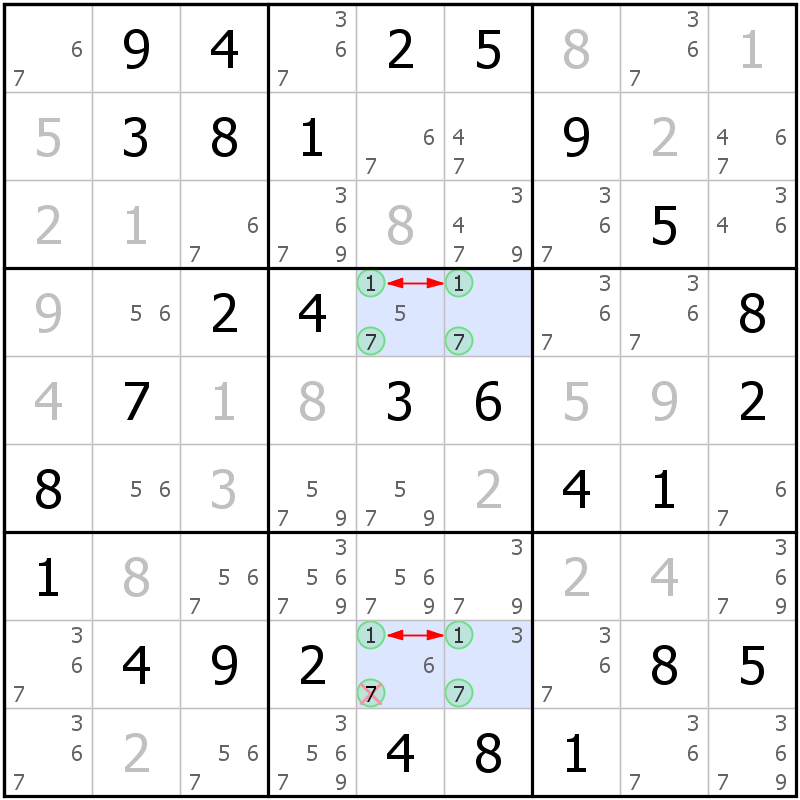 Position des candidats pour la solution de la grille page 56 du magazine de sudoku grandmaitre n° 17