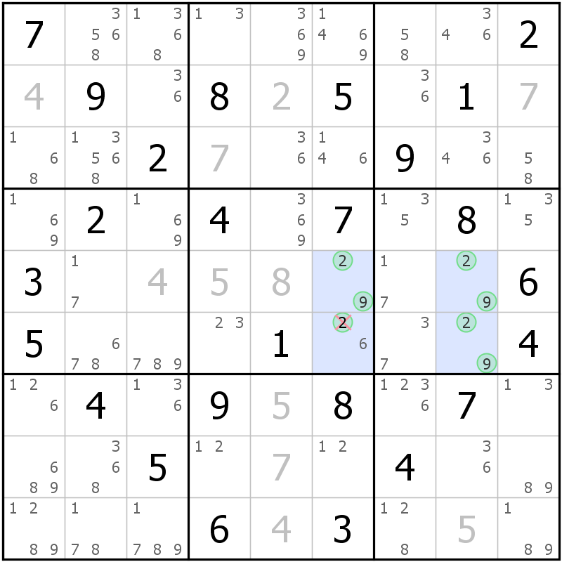 Position des candidats pour la solution de la grille page 57 du magazine de sudoku grandmaitre n° 17