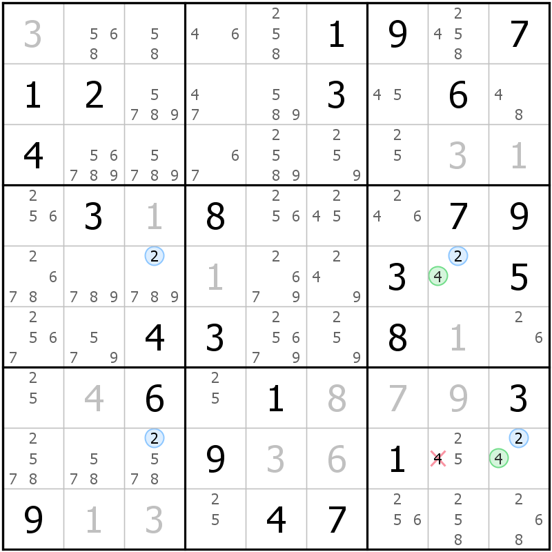 Position des candidats pour la solution de la grille page 58 du magazine de sudoku grandmaitre n° 17