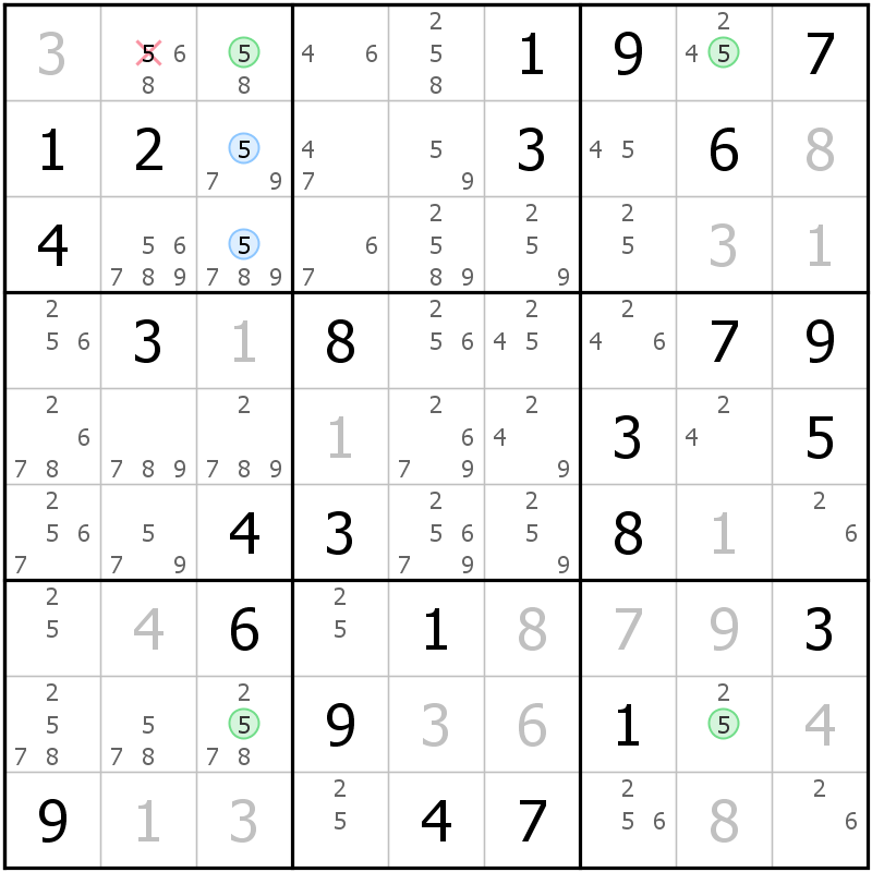 Position des candidats pour la solution de la grille page 58 du magazine de sudoku grandmaitre n° 17