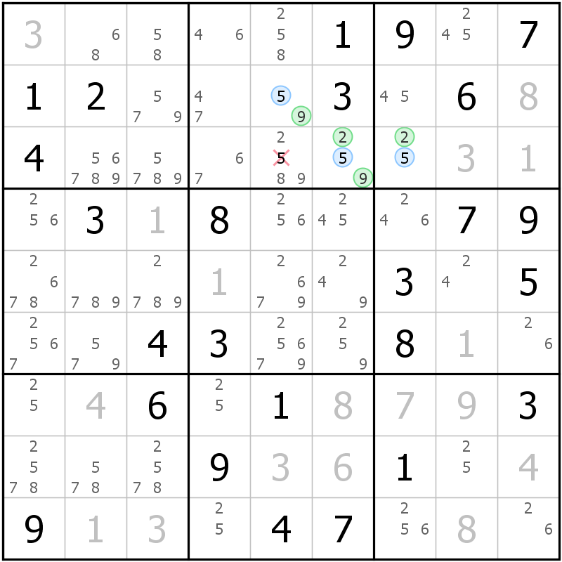 Position des candidats pour la solution de la grille page 58 du magazine de sudoku grandmaitre n° 17