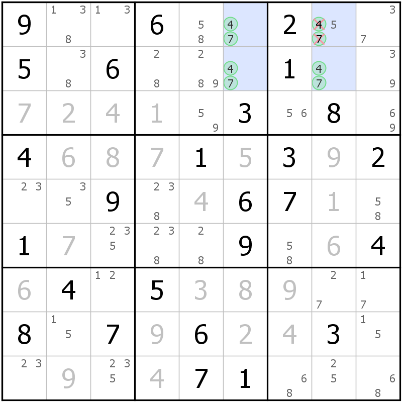 Position des candidats pour la solution de la grille page 59 du magazine de sudoku grandmaitre n° 17