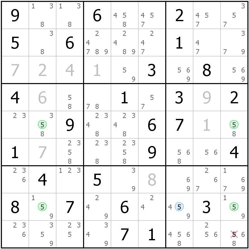 Position des candidats pour la solution de la grille page 59 du magazine de sudoku grandmaitre n° 17