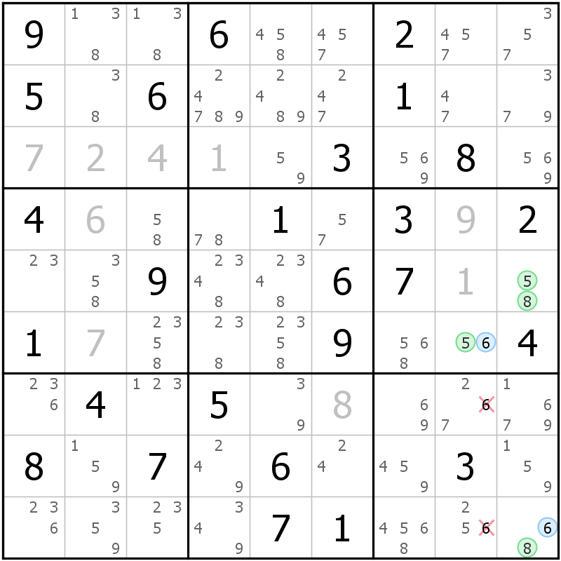 Position des candidats pour la solution de la grille page 59 du magazine de sudoku grandmaitre n° 17