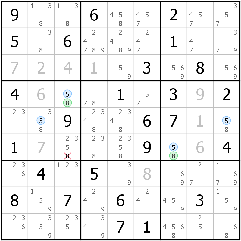 Position des candidats pour la solution de la grille page 59 du magazine de sudoku grandmaitre n° 17