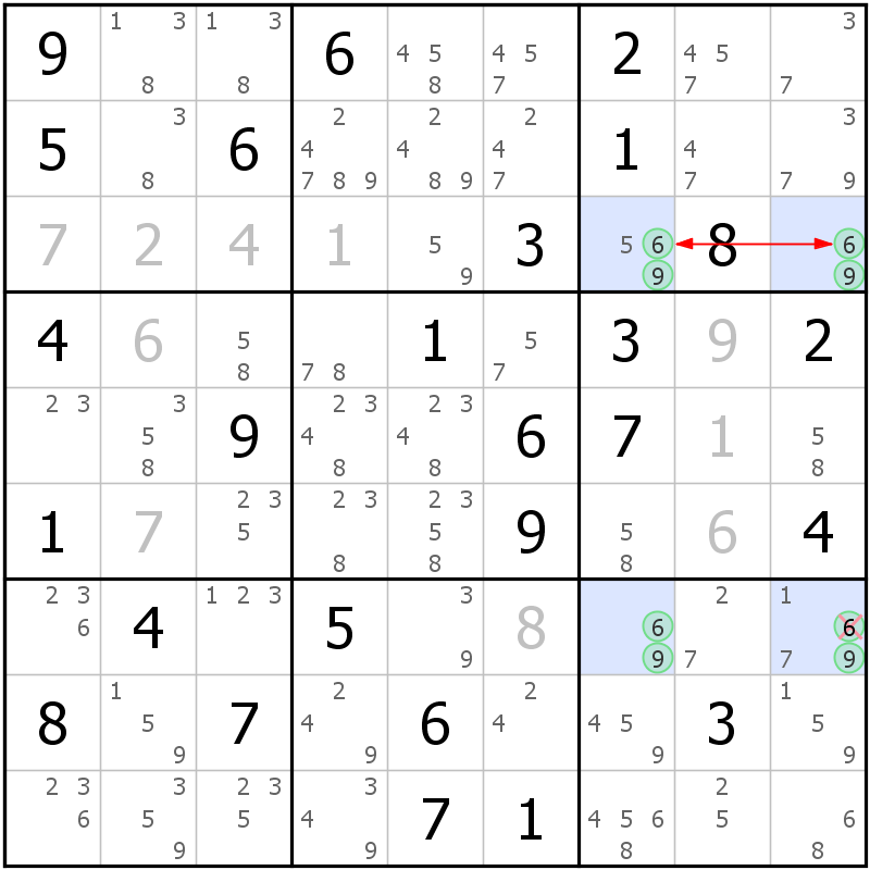 Position des candidats pour la solution de la grille page 59 du magazine de sudoku grandmaitre n° 17