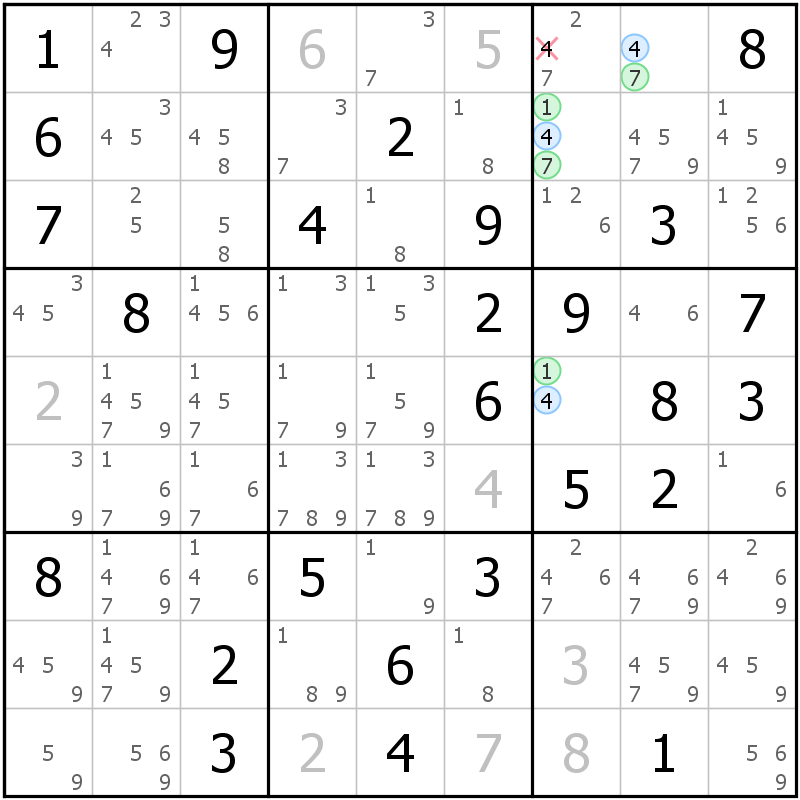 Position des candidats pour la solution de la grille page 61 du magazine de sudoku grandmaitre n° 17