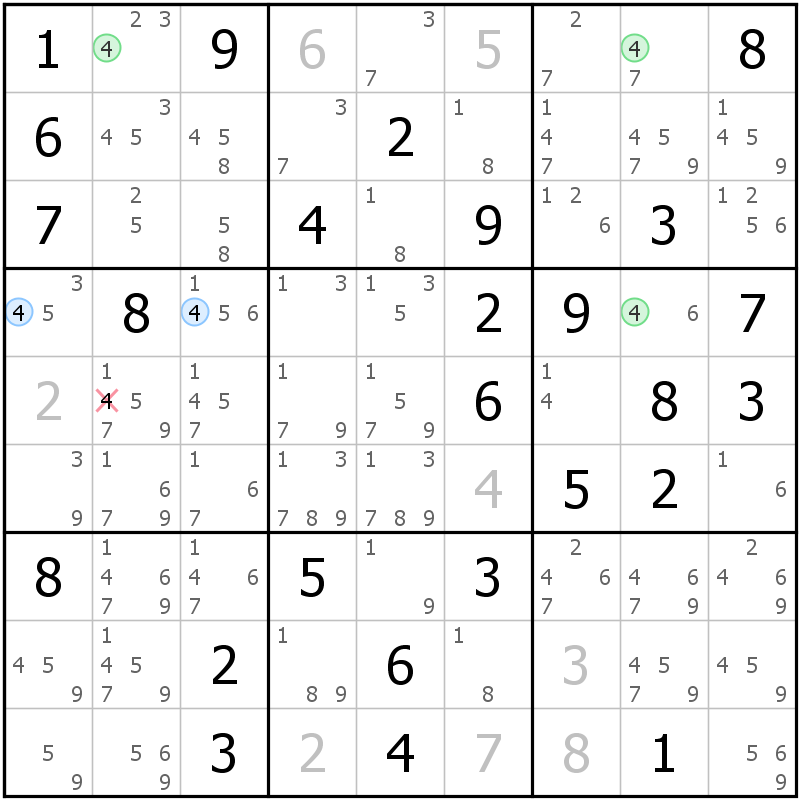Position des candidats pour la solution de la grille page 61 du magazine de sudoku grandmaitre n° 17