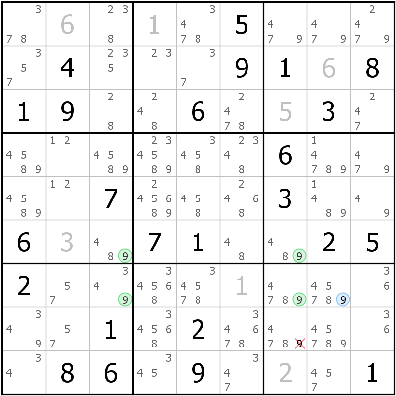 Position des candidats pour la solution de la grille page 63 du magazine de sudoku grandmaitre n° 17