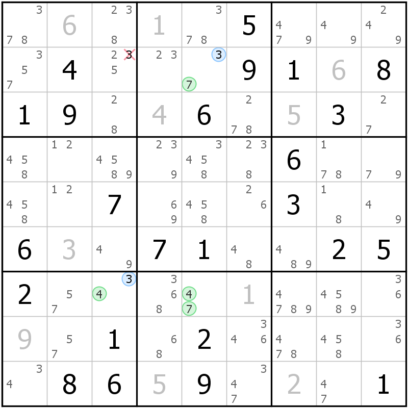 Position des candidats pour la solution de la grille page 63 du magazine de sudoku grandmaitre n° 17