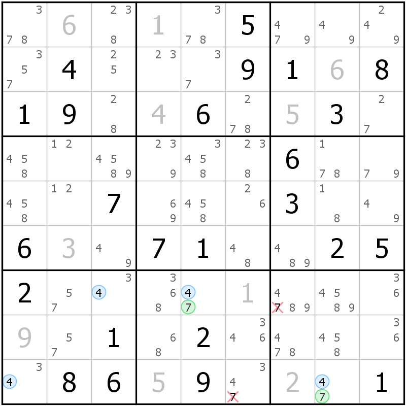 Position des candidats pour la solution de la grille page 63 du magazine de sudoku grandmaitre n° 17