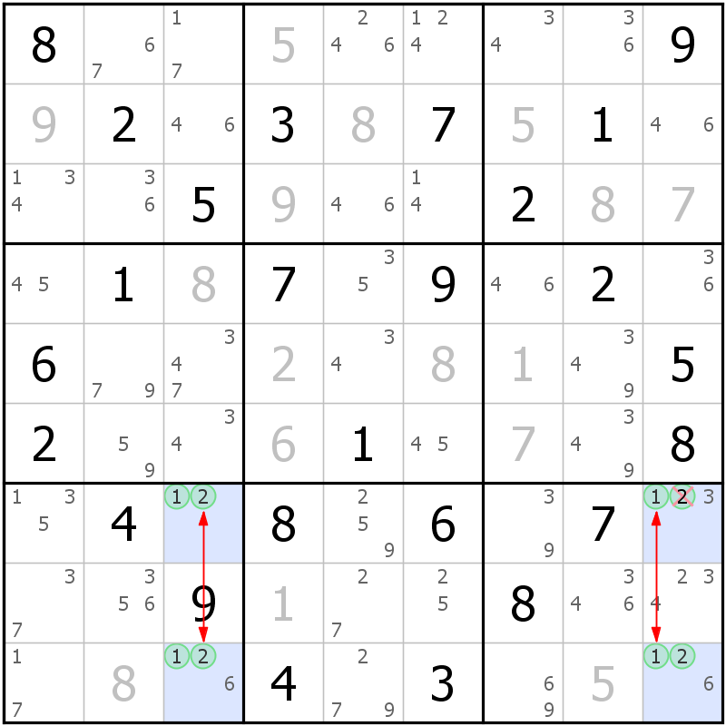 Position des candidats pour la solution de la grille page 68 du magazine de sudoku grandmaitre n° 17