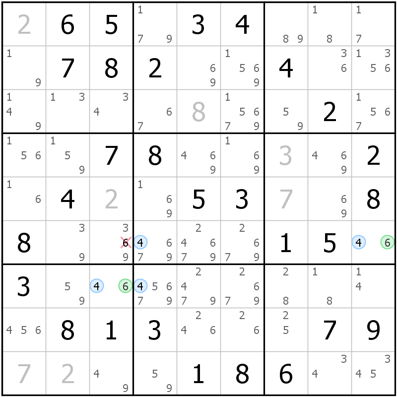 Position des candidats pour la solution de la grille page 69 du magazine de sudoku grandmaitre n° 17