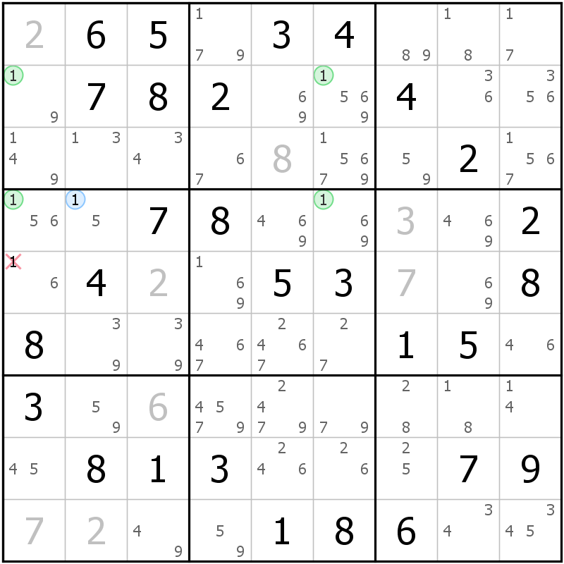 Position des candidats pour la solution de la grille page 69 du magazine de sudoku grandmaitre n° 17