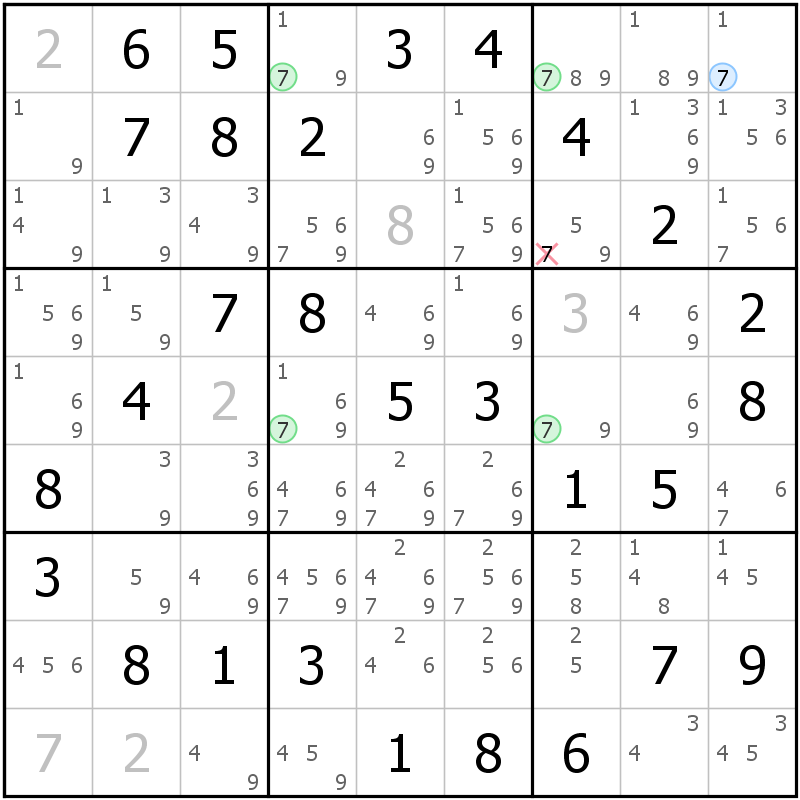 Position des candidats pour la solution de la grille page 69 du magazine de sudoku grandmaitre n° 17