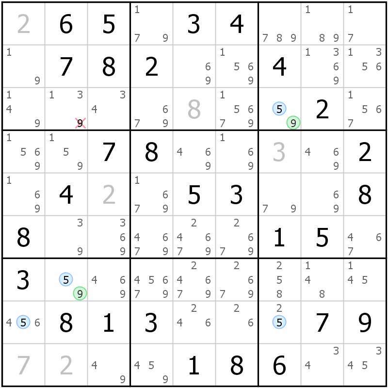 Position des candidats pour la solution de la grille page 69 du magazine de sudoku grandmaitre n° 17