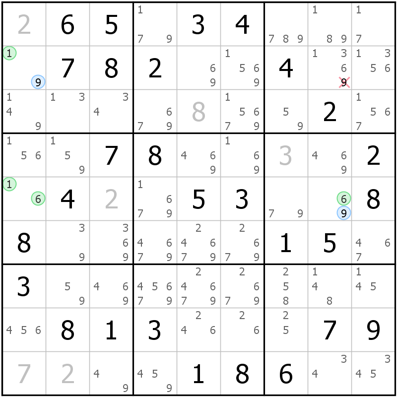 Position des candidats pour la solution de la grille page 69 du magazine de sudoku grandmaitre n° 17